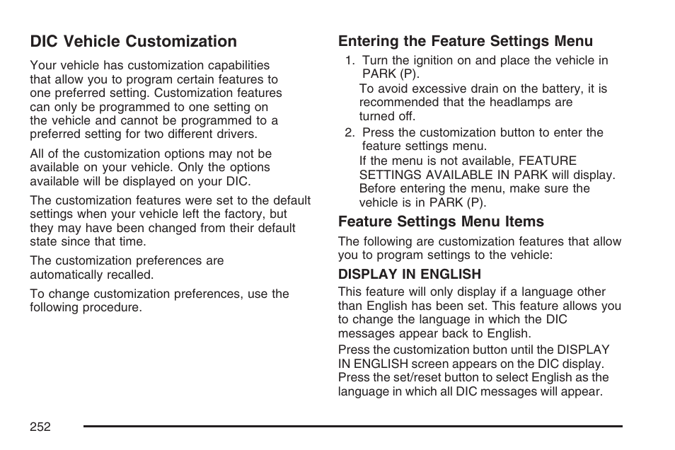 Dic vehicle customization | Cadillac 2007 DTS User Manual | Page 252 / 508