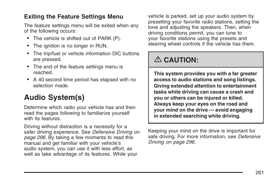 Audio system(s), Caution | Cadillac 2007 DTS User Manual | Page 261 / 508