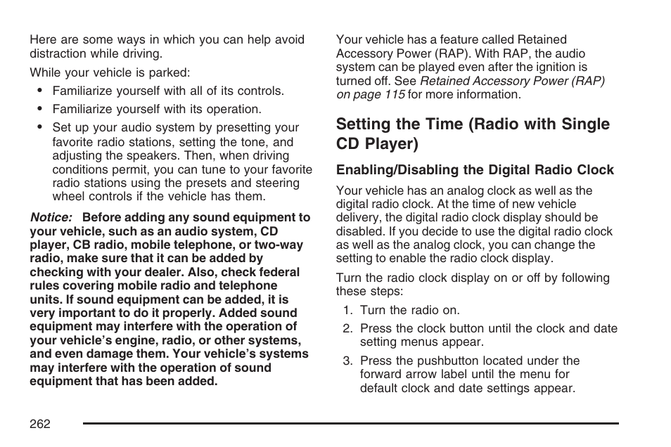 Setting the time (radio with single cd player), Setting the time, Radio with single cd player) | Cadillac 2007 DTS User Manual | Page 262 / 508