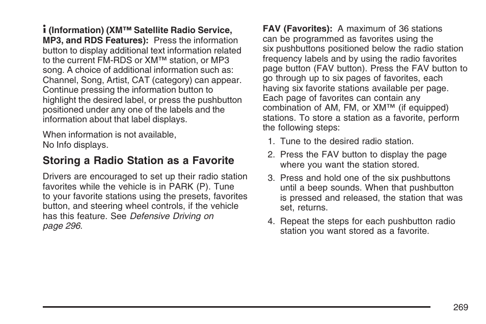 Storing a radio station as a favorite | Cadillac 2007 DTS User Manual | Page 269 / 508