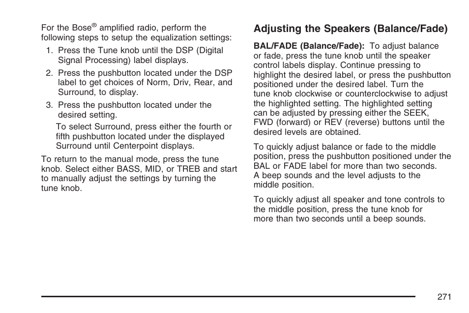 Adjusting the speakers (balance/fade) | Cadillac 2007 DTS User Manual | Page 271 / 508