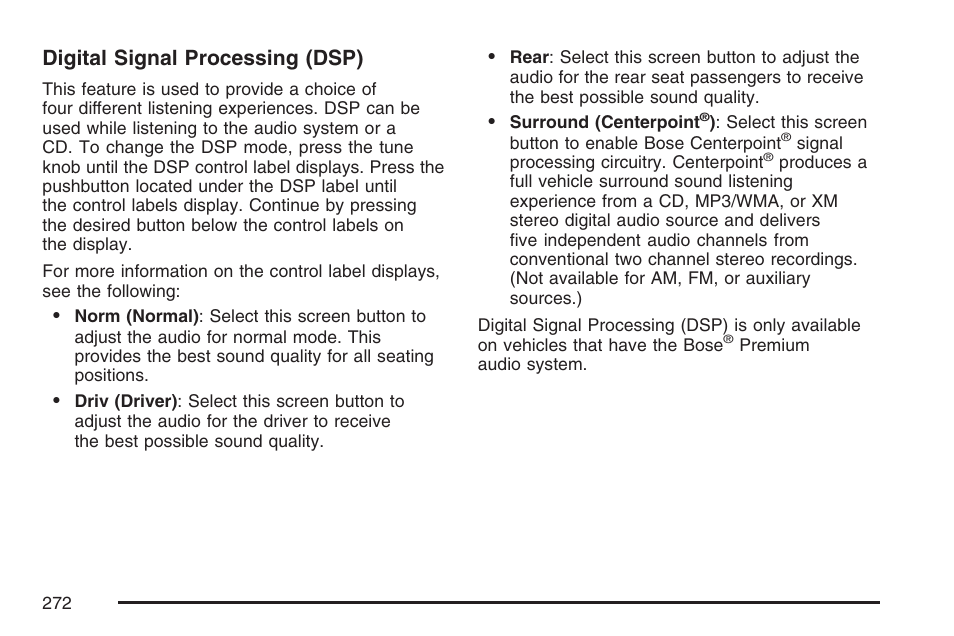 Digital signal processing (dsp) | Cadillac 2007 DTS User Manual | Page 272 / 508