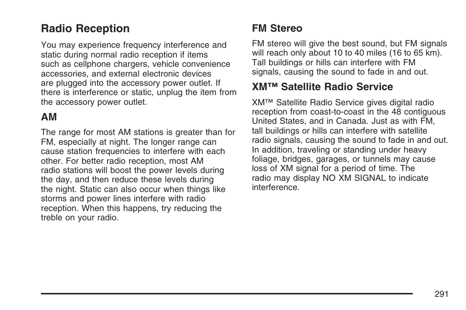 Radio reception | Cadillac 2007 DTS User Manual | Page 291 / 508