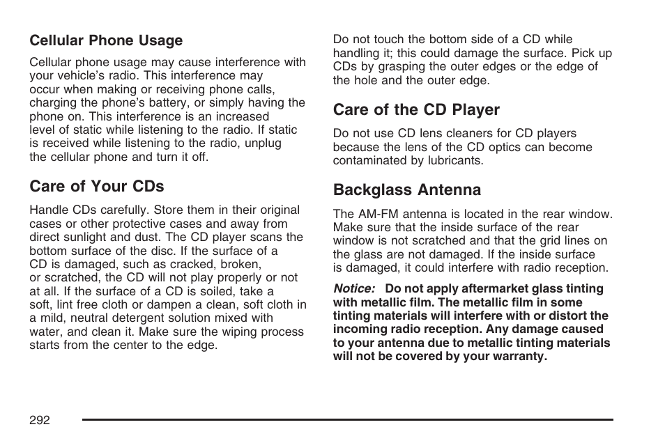 Care of your cds, Care of the cd player, Backglass antenna | Cadillac 2007 DTS User Manual | Page 292 / 508