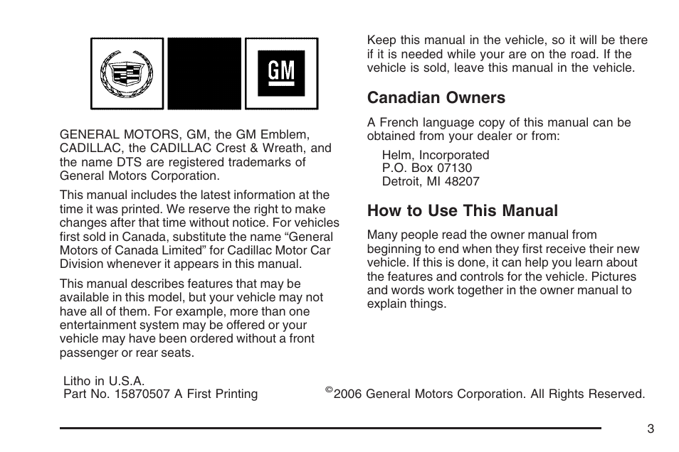 Canadian owners, How to use this manual | Cadillac 2007 DTS User Manual | Page 3 / 508