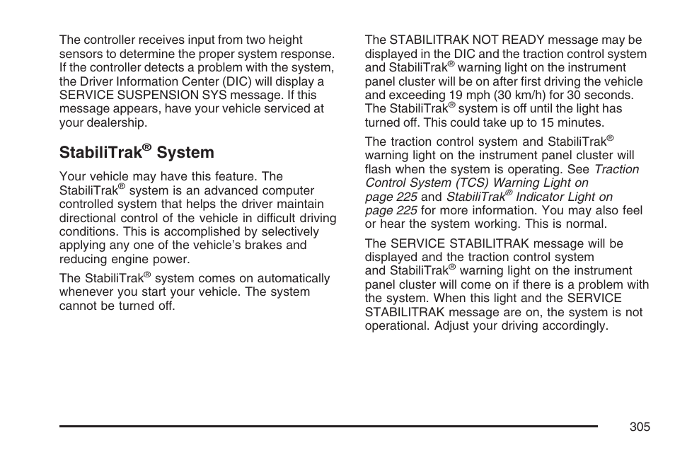 Stabilitrak® system, Stabilitrak, System | Cadillac 2007 DTS User Manual | Page 305 / 508