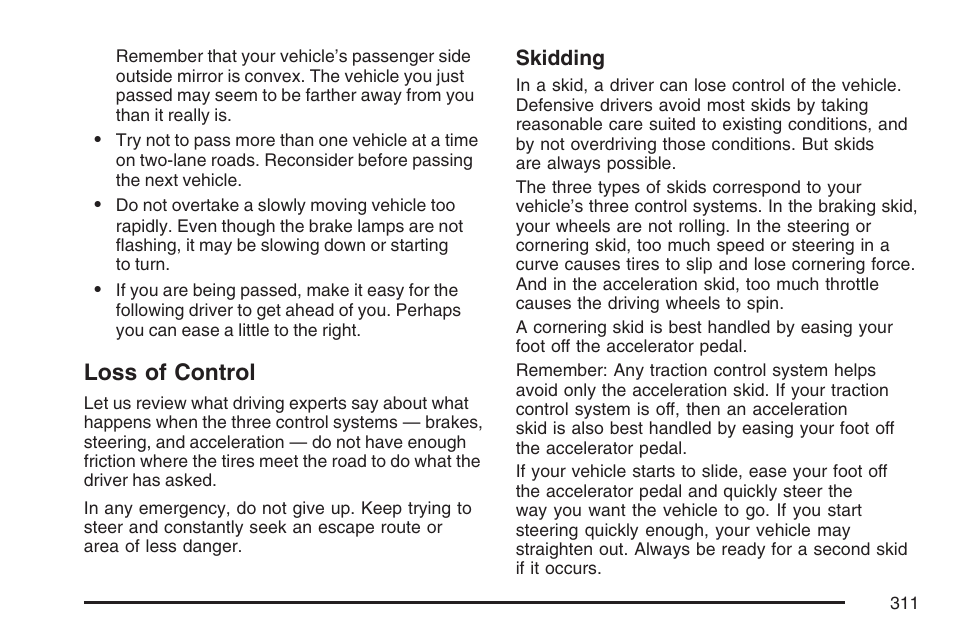 Loss of control | Cadillac 2007 DTS User Manual | Page 311 / 508