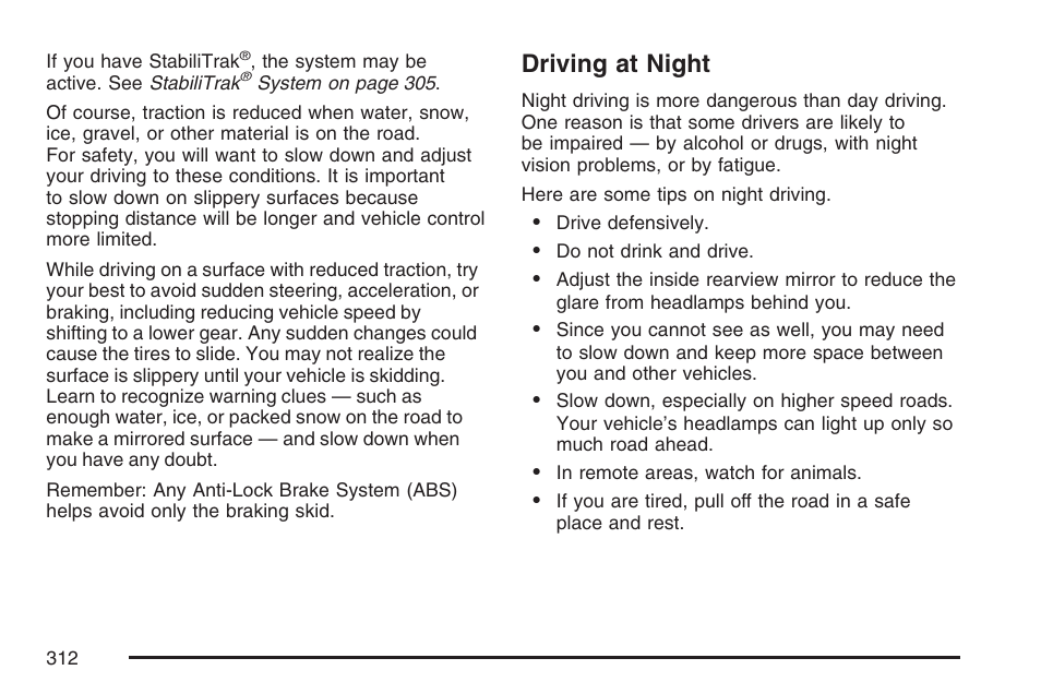 Driving at night | Cadillac 2007 DTS User Manual | Page 312 / 508