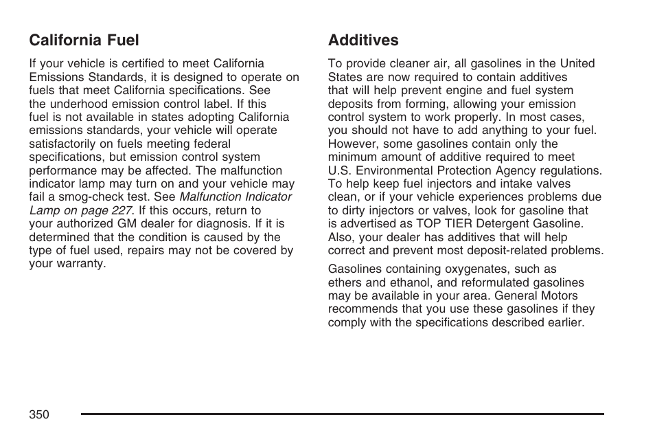 California fuel, Additives, California fuel additives | Cadillac 2007 DTS User Manual | Page 350 / 508