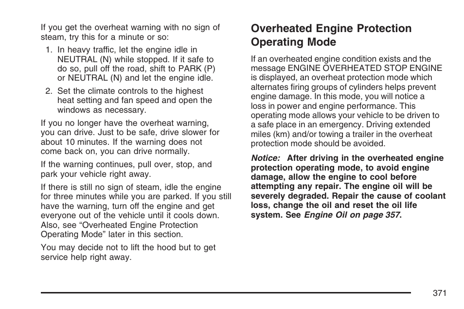 Overheated engine protection operating mode, Overheated engine protection, Operating mode | Cadillac 2007 DTS User Manual | Page 371 / 508