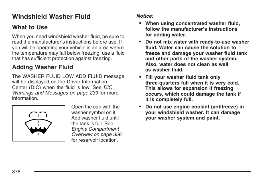 Windshield washer fluid | Cadillac 2007 DTS User Manual | Page 378 / 508