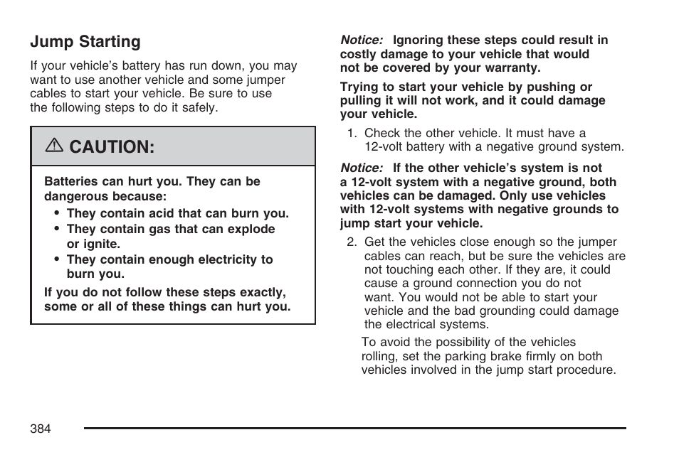 Jump starting, Jump, Starting | Caution | Cadillac 2007 DTS User Manual | Page 384 / 508