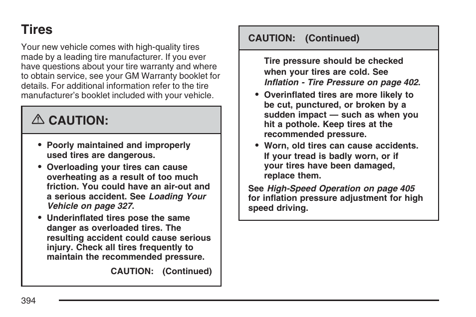 Tires, Caution | Cadillac 2007 DTS User Manual | Page 394 / 508