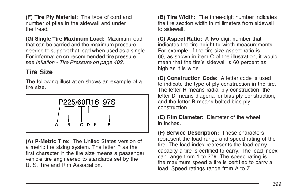 Tire size | Cadillac 2007 DTS User Manual | Page 399 / 508