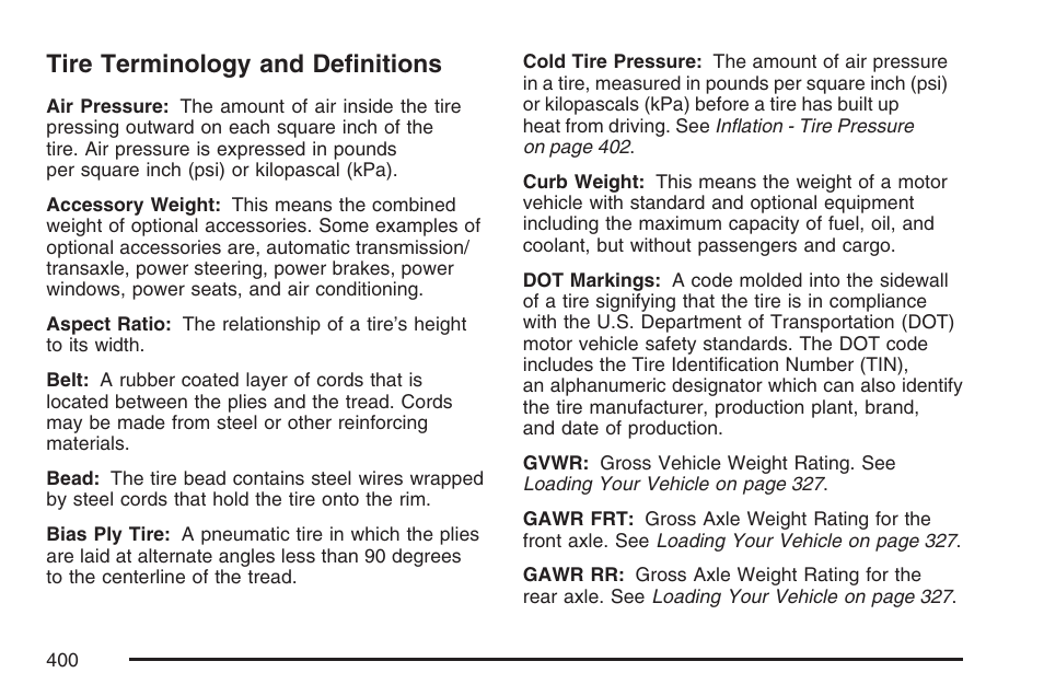 Tire terminology and definitions | Cadillac 2007 DTS User Manual | Page 400 / 508