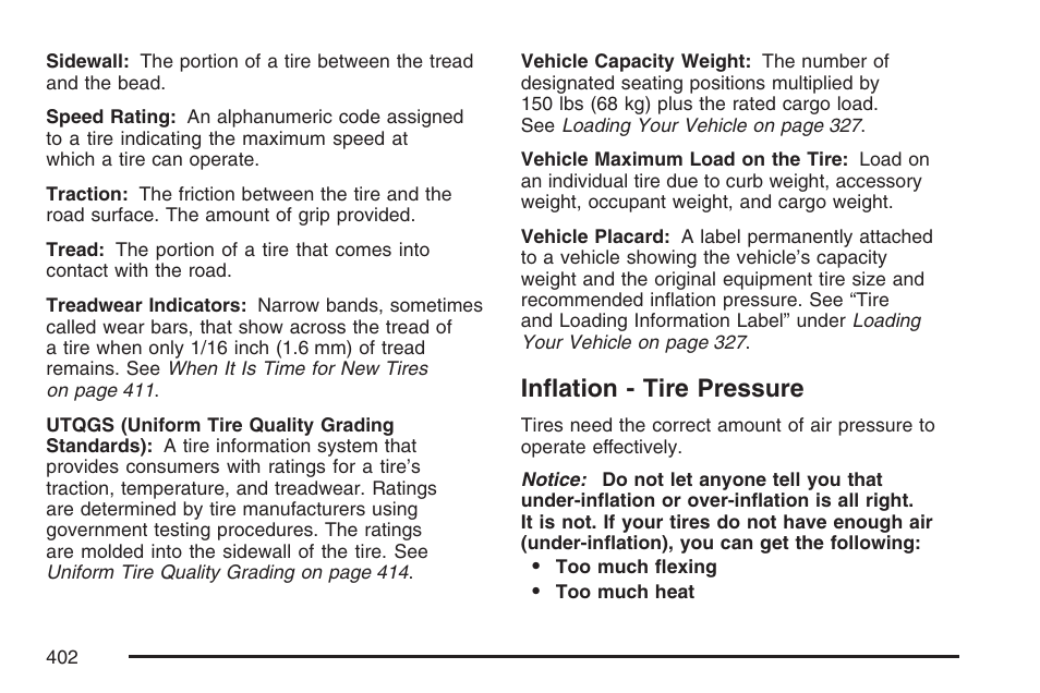 Inflation - tire pressure | Cadillac 2007 DTS User Manual | Page 402 / 508