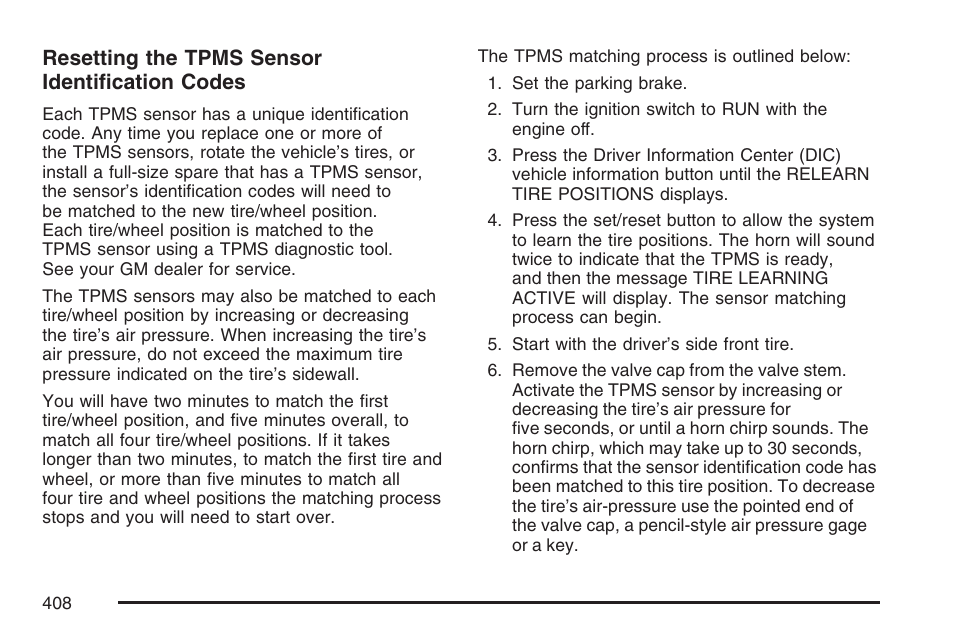 Resetting the tpms sensor identification codes | Cadillac 2007 DTS User Manual | Page 408 / 508