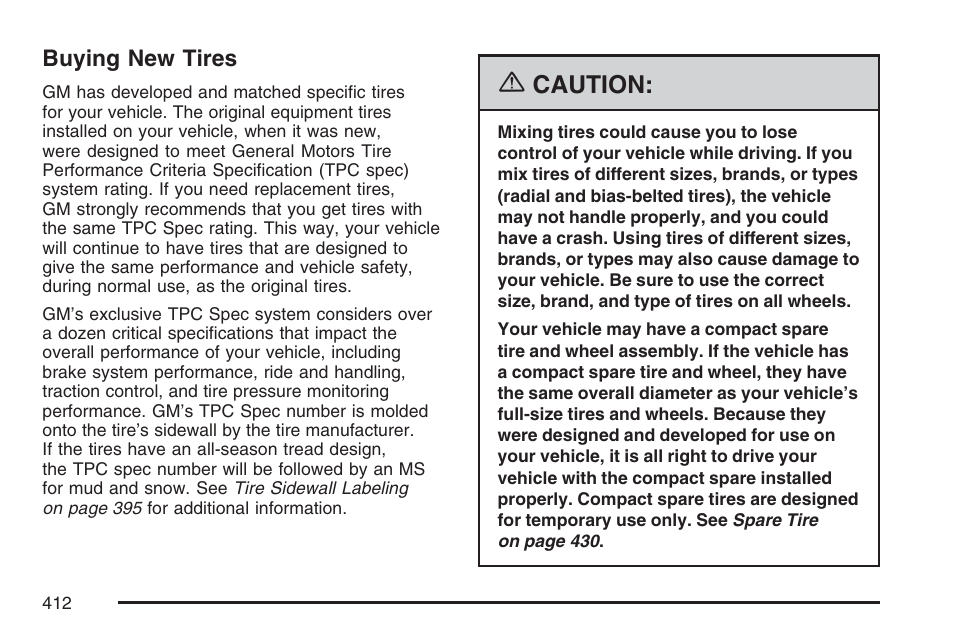 Buying new tires, Caution | Cadillac 2007 DTS User Manual | Page 412 / 508