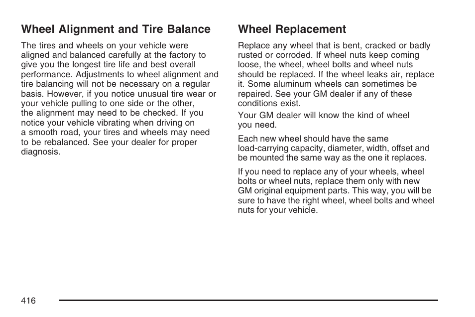 Wheel alignment and tire balance, Wheel replacement, Wheel alignment and tire balance wheel replacement | Cadillac 2007 DTS User Manual | Page 416 / 508