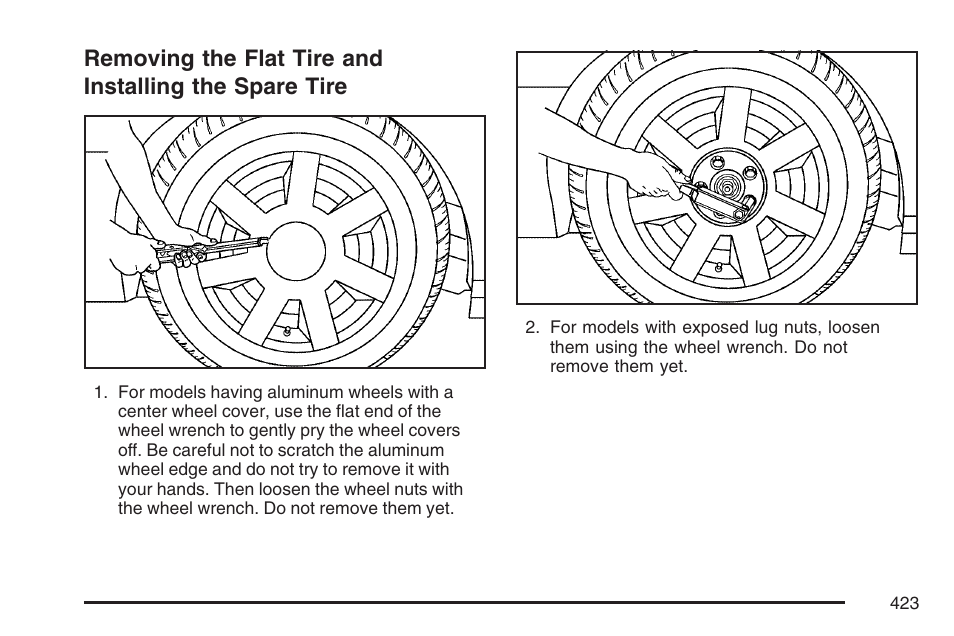 Removing the flat tire and, Installing the spare tire | Cadillac 2007 DTS User Manual | Page 423 / 508