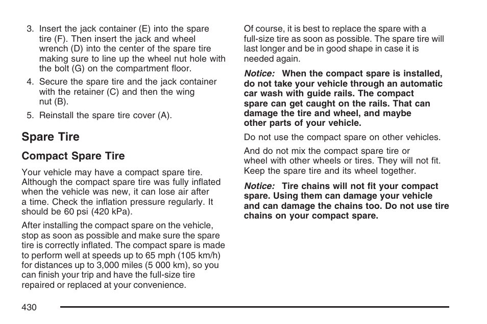 Spare tire | Cadillac 2007 DTS User Manual | Page 430 / 508