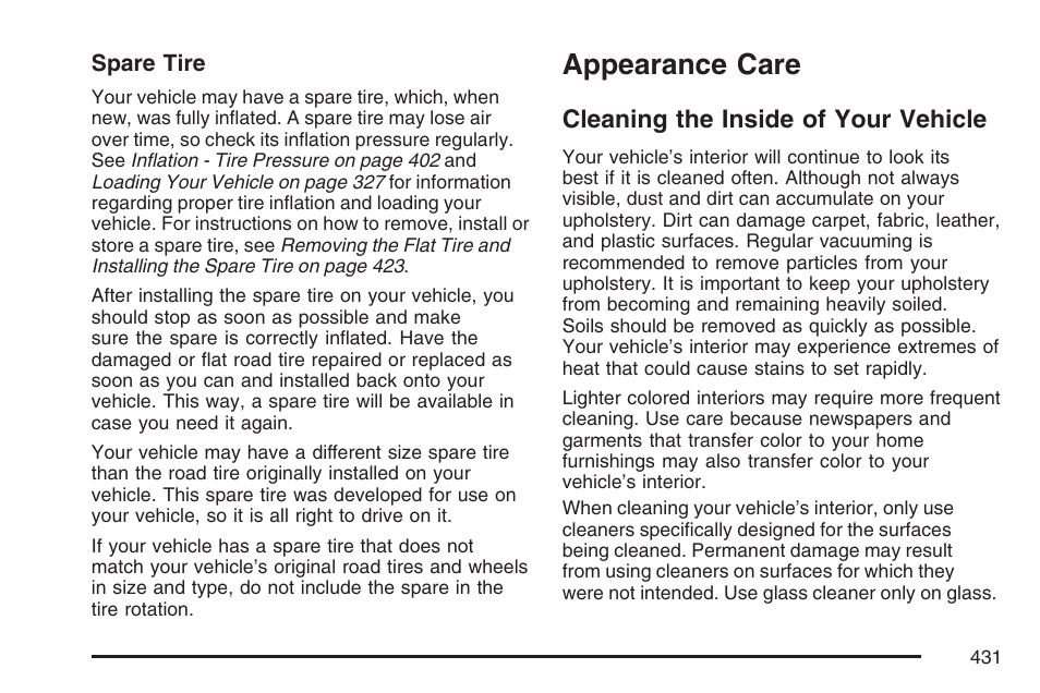 Appearance care, Cleaning the inside of your vehicle | Cadillac 2007 DTS User Manual | Page 431 / 508