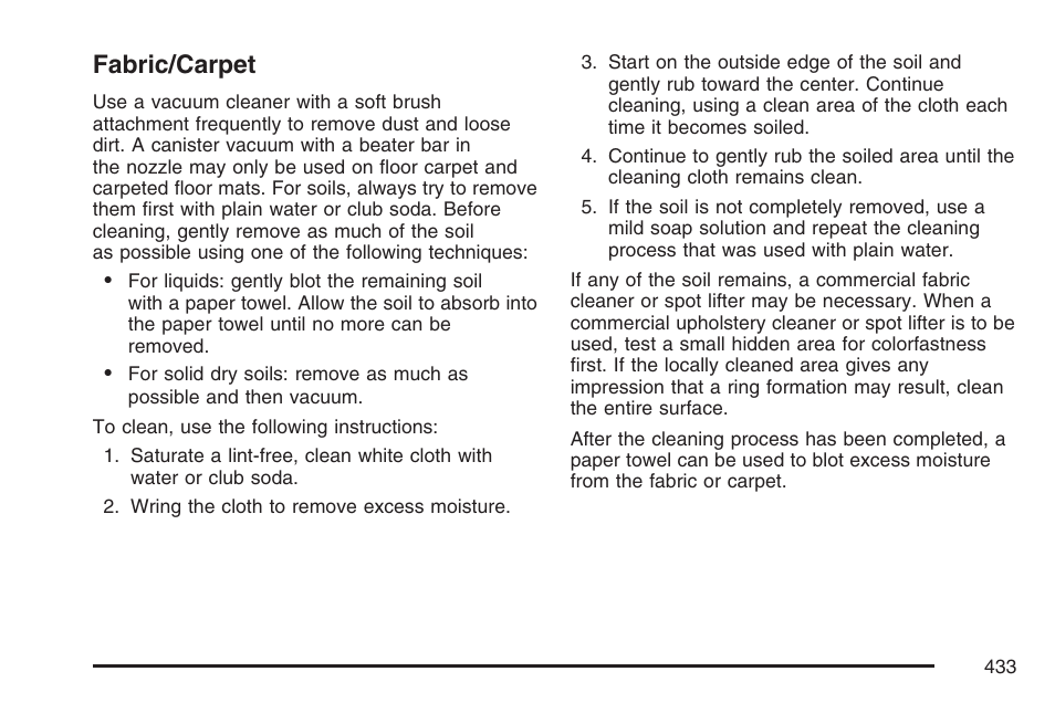 Fabric/carpet | Cadillac 2007 DTS User Manual | Page 433 / 508