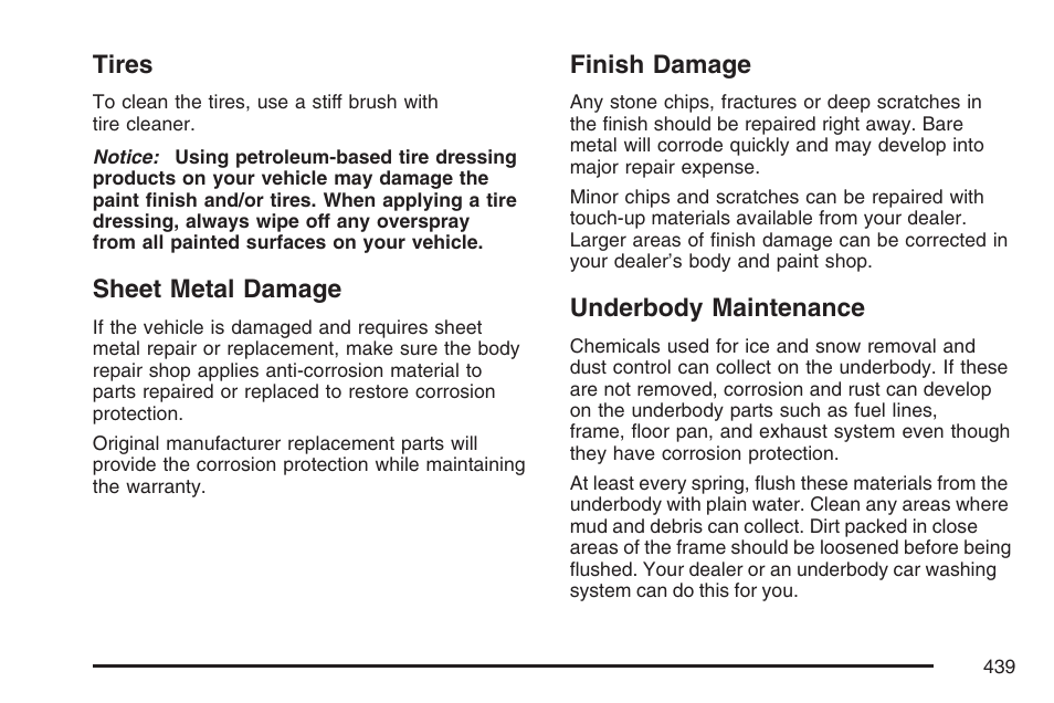 Tires, Sheet metal damage, Finish damage | Underbody maintenance | Cadillac 2007 DTS User Manual | Page 439 / 508