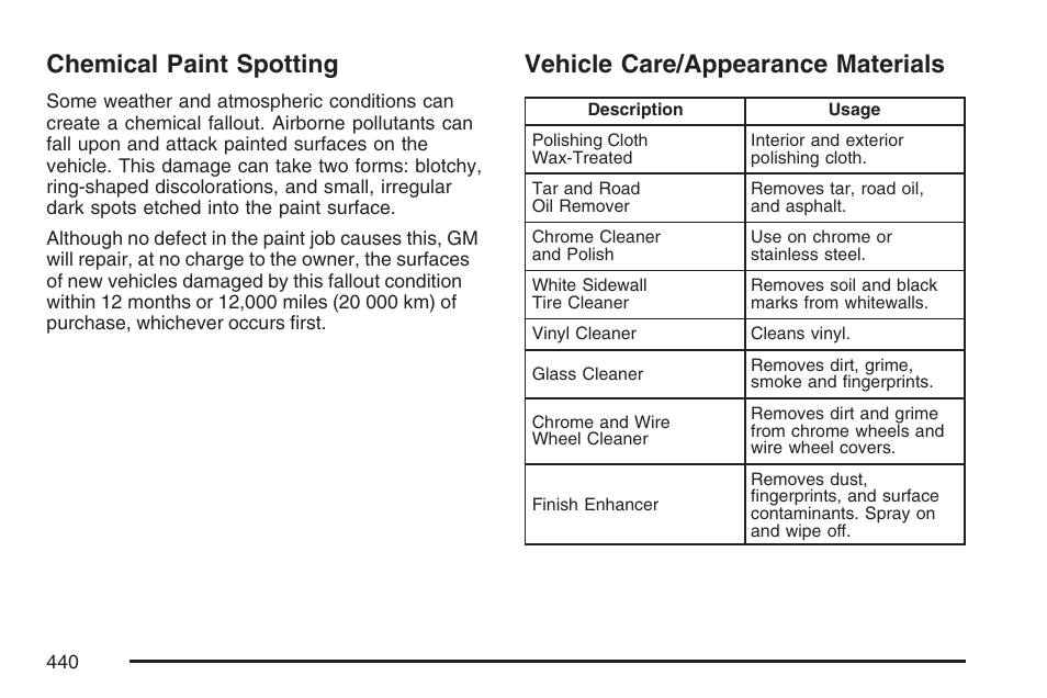 Chemical paint spotting, Vehicle care/appearance materials | Cadillac 2007 DTS User Manual | Page 440 / 508