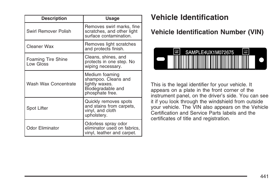 Vehicle identification, Vehicle identification number (vin) | Cadillac 2007 DTS User Manual | Page 441 / 508