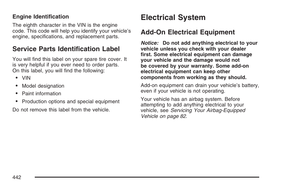 Service parts identification label, Electrical system, Add-on electrical equipment | Cadillac 2007 DTS User Manual | Page 442 / 508