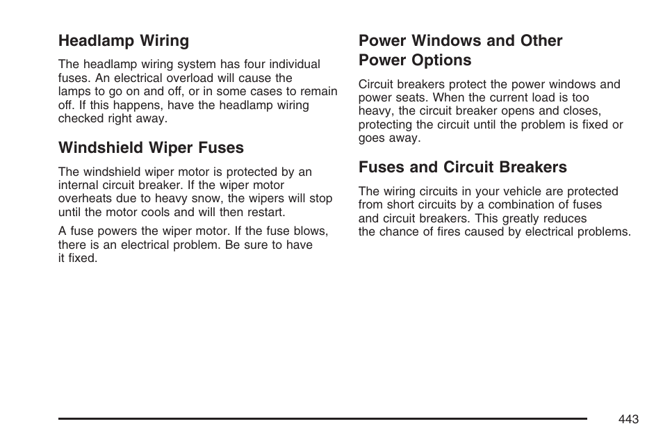 Headlamp wiring, Windshield wiper fuses, Power windows and other power options | Fuses and circuit breakers, Power options | Cadillac 2007 DTS User Manual | Page 443 / 508