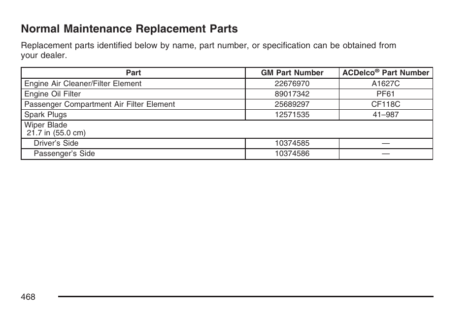 Normal maintenance replacement parts | Cadillac 2007 DTS User Manual | Page 468 / 508