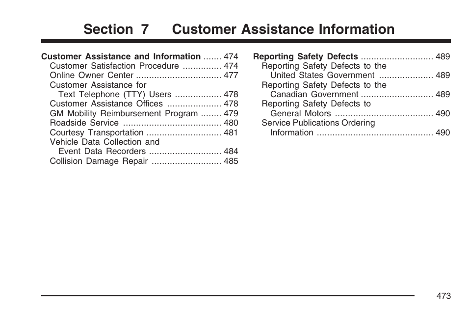 Customer assistance information | Cadillac 2007 DTS User Manual | Page 473 / 508