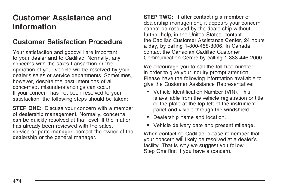 Customer assistance and information, Customer satisfaction procedure, Customer assistance and | Information | Cadillac 2007 DTS User Manual | Page 474 / 508