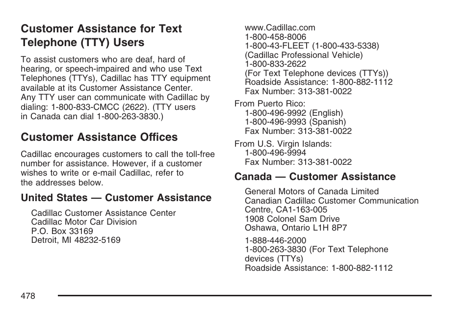 Customer assistance for text telephone (tty) users, Customer assistance offices, Customer assistance for | Text telephone (tty) users | Cadillac 2007 DTS User Manual | Page 478 / 508