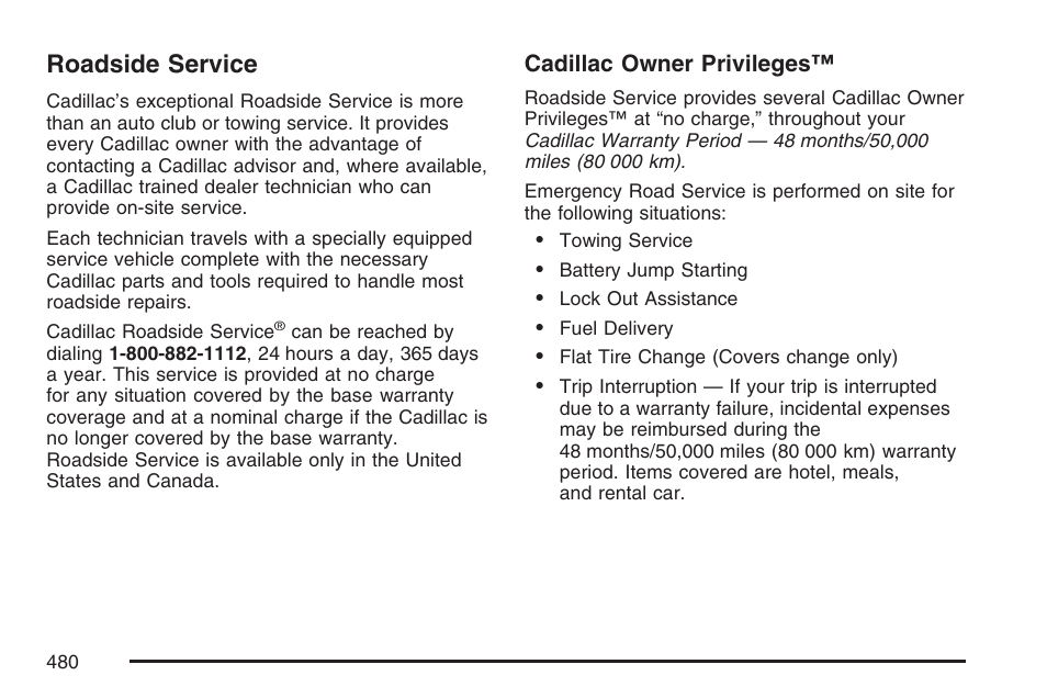 Roadside service | Cadillac 2007 DTS User Manual | Page 480 / 508