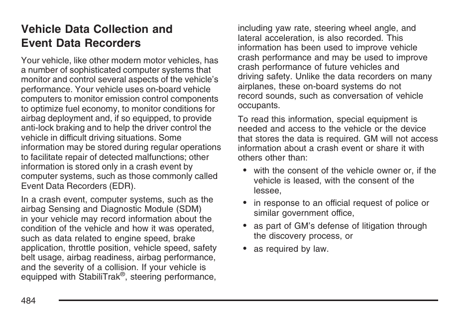 Vehicle data collection and event data recorders, Vehicle data collection and, Event data recorders | Cadillac 2007 DTS User Manual | Page 484 / 508