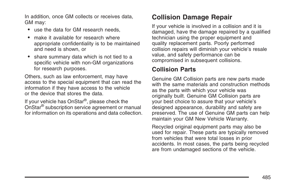 Collision damage repair, Collision parts | Cadillac 2007 DTS User Manual | Page 485 / 508