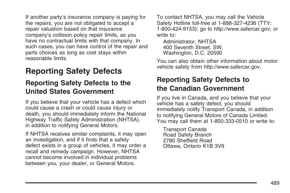 Reporting safety defects, Reporting safety defects to the, United states government | Canadian government | Cadillac 2007 DTS User Manual | Page 489 / 508