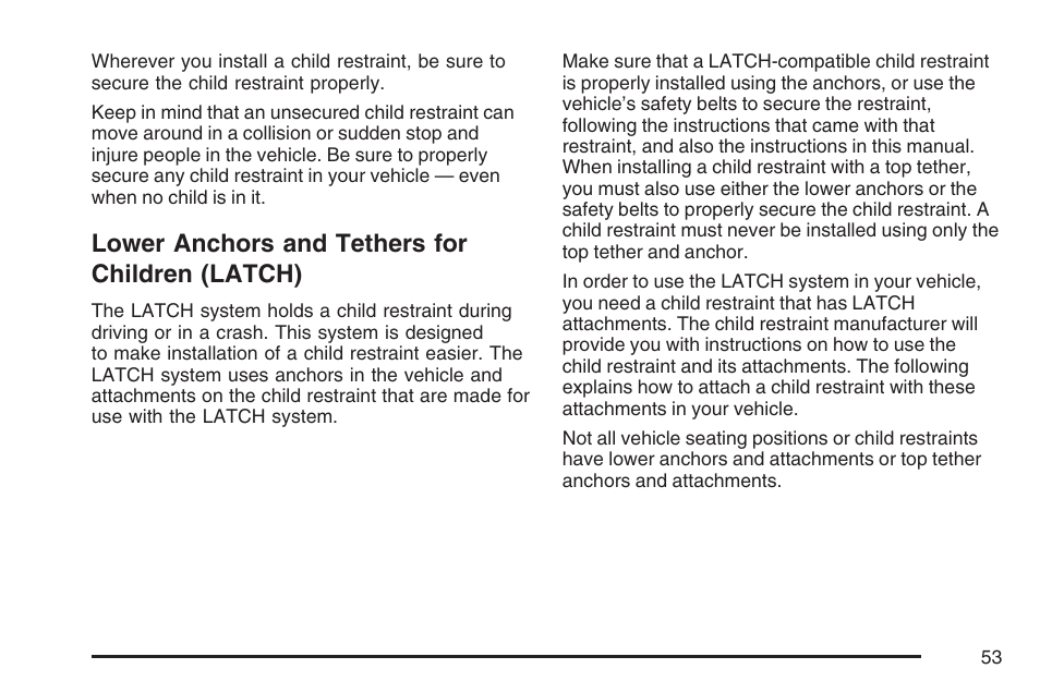 Lower anchors and tethers for children (latch), Lower anchors and tethers for, Children (latch) | Cadillac 2007 DTS User Manual | Page 53 / 508