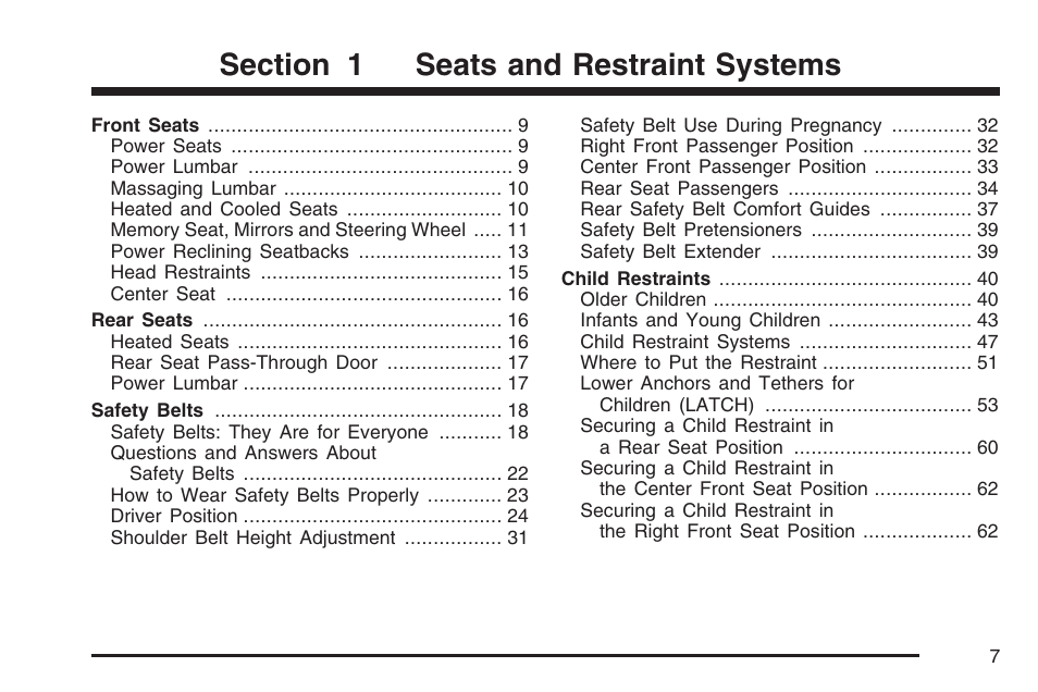 Seats and restraint systems | Cadillac 2007 DTS User Manual | Page 7 / 508