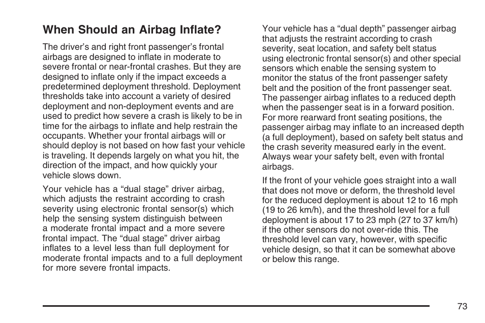 When should an airbag inflate | Cadillac 2007 DTS User Manual | Page 73 / 508