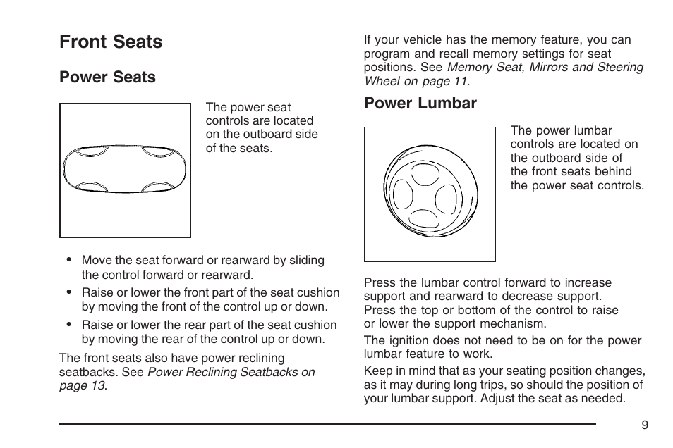Front seats, Power seats, Power lumbar | Power seats power lumbar | Cadillac 2007 DTS User Manual | Page 9 / 508