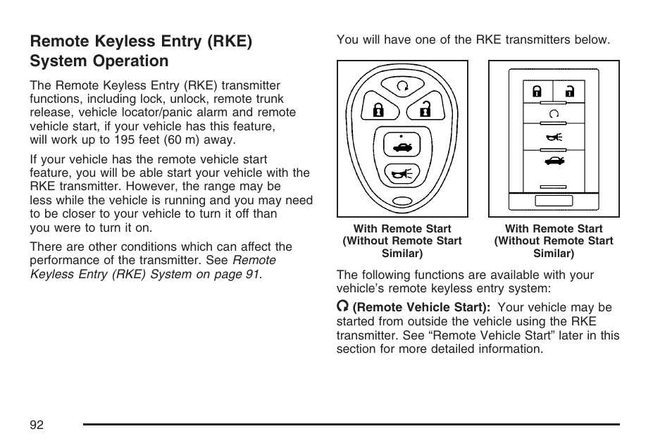 Remote keyless entry (rke) system operation, Remote keyless entry (rke), System operation | Cadillac 2007 DTS User Manual | Page 92 / 508