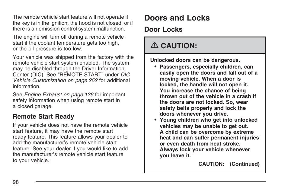 Doors and locks, Door locks, Caution | Cadillac 2007 DTS User Manual | Page 98 / 508