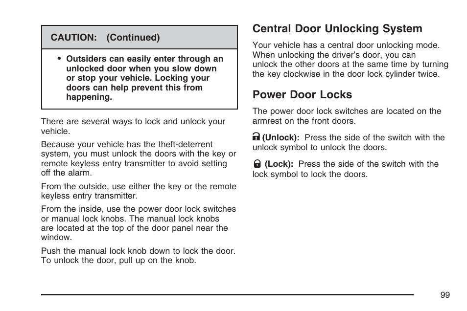 Central door unlocking system, Power door locks, Central door unlocking system power door locks | Cadillac 2007 DTS User Manual | Page 99 / 508