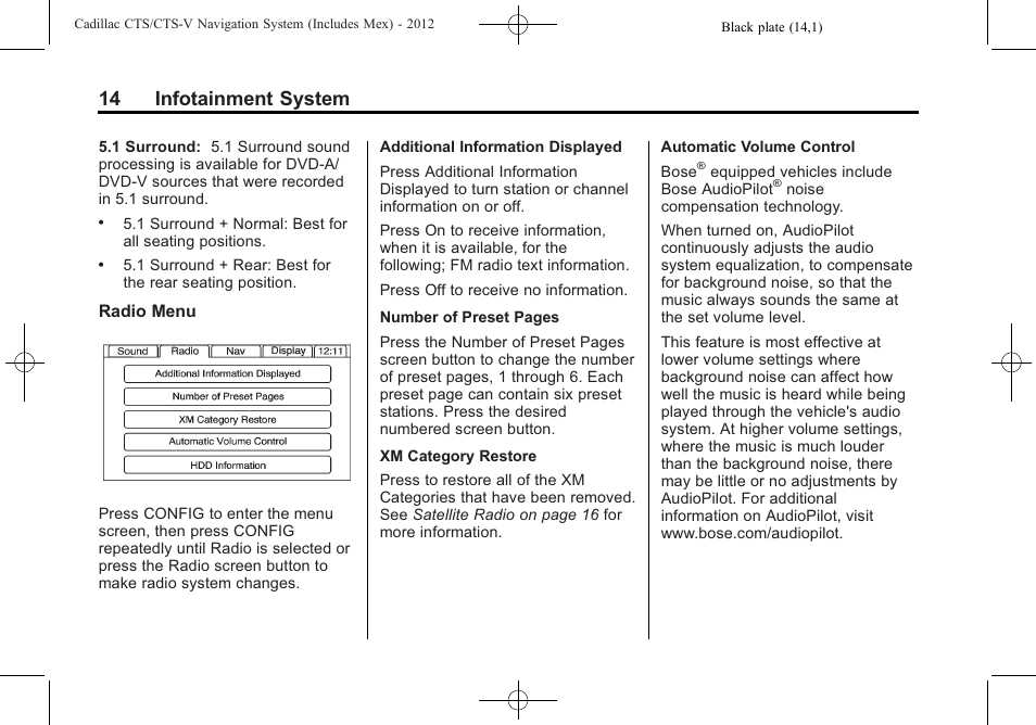 14 infotainment system | Cadillac CTS User Manual | Page 14 / 76