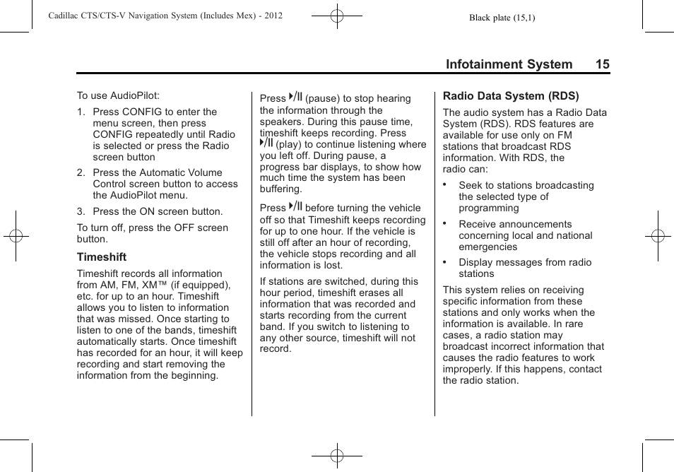 Infotainment system 15 | Cadillac CTS User Manual | Page 15 / 76