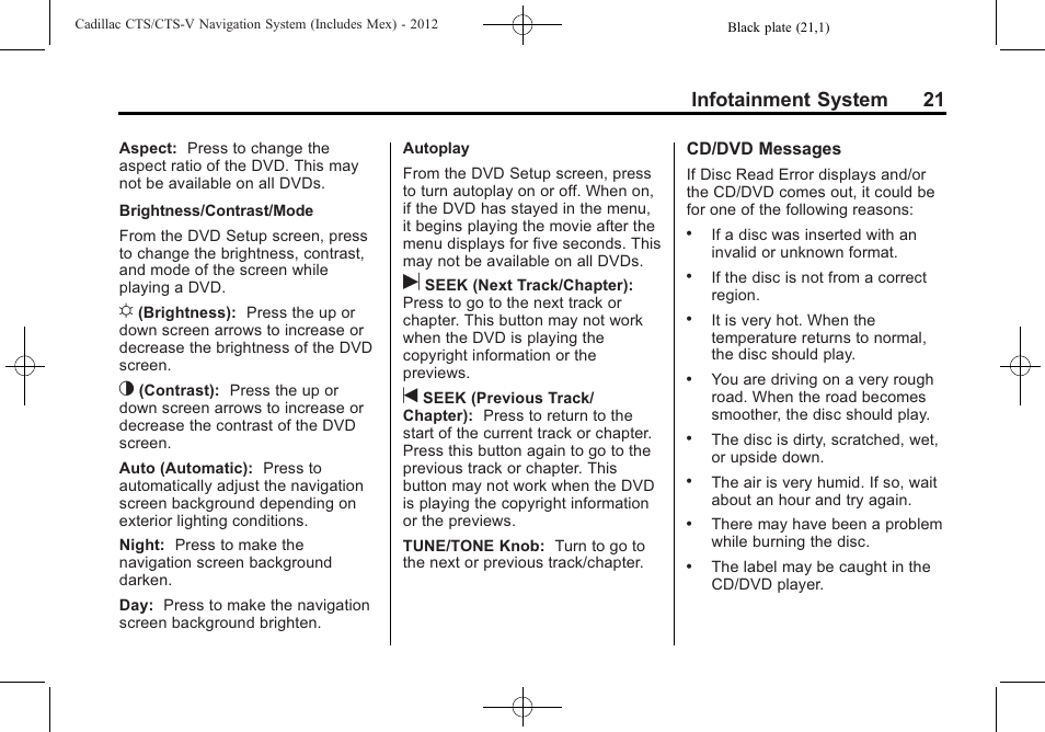 Infotainment system 21 | Cadillac CTS User Manual | Page 21 / 76